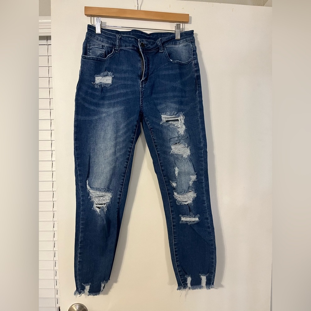 Torn Stretchy Blue Jeans. Size 12.